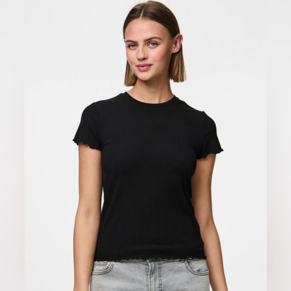 NWT PIECES Black Ribbed Lettuce Trim Short Sleeve Baby Tee T-Shirt Size L